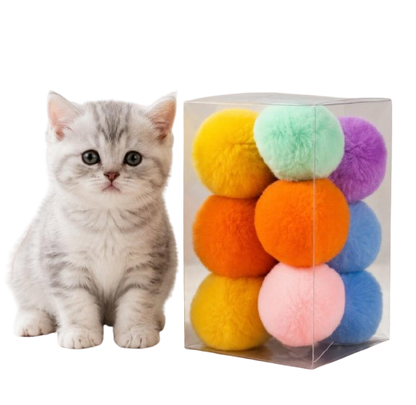 Cat Enrichment Toy Set, 12 Plush Pom Pom Balls, Colorful Interactive Cat Toys