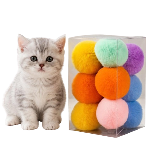Cat Enrichment Toy Set, 12 Plush Pom Pom Balls, Colorful Interactive Cat Toys