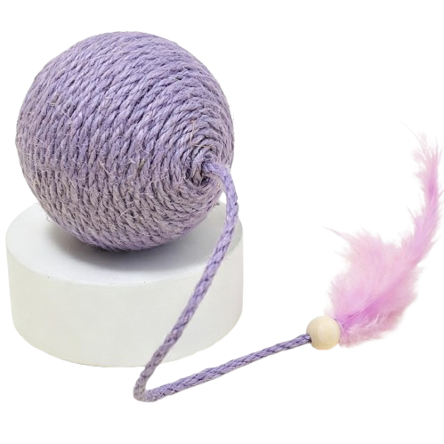 Natural Sisal Cat Toy Ball with Feather Tail and Rattle, 3.94 Inch