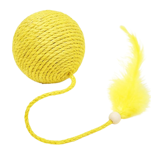 Natural Sisal Cat Toy Ball with Feather Tail and Rattle, 3.94 Inch