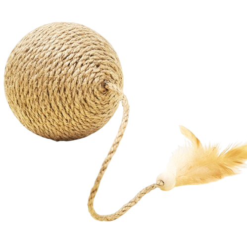 Natural Sisal Cat Toy Ball with Feather Tail and Rattle, 3.94 Inch